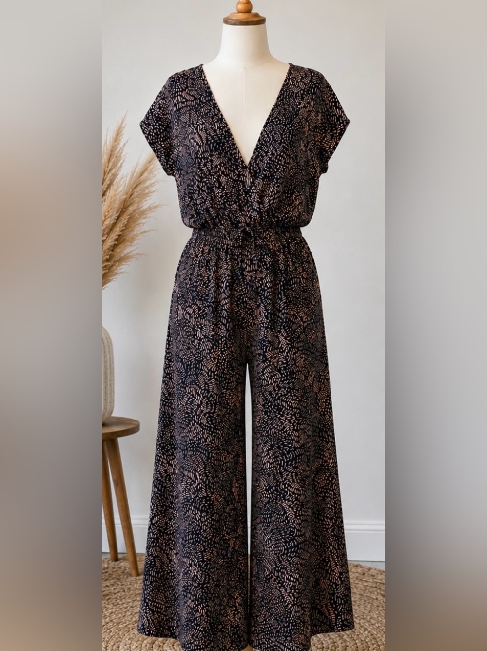 World Market Jumpsuit Womens Brown Abstract Boho Wide Leg Palazzo Tie Back S/M